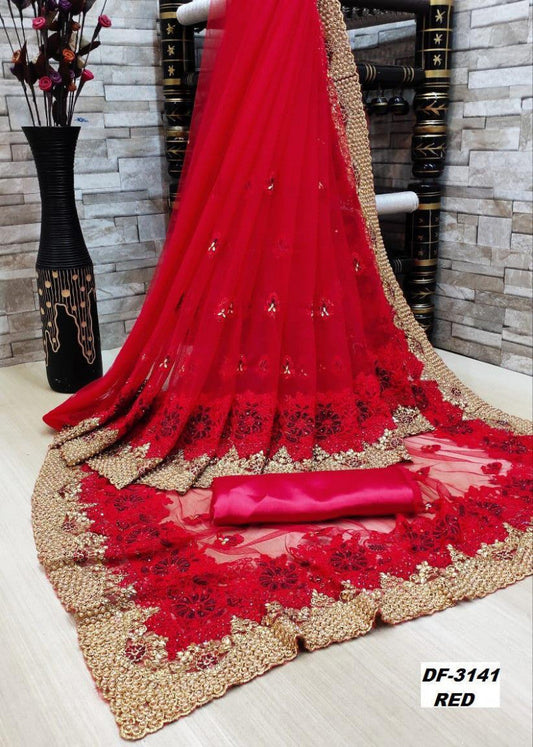 Chilli Hot Red Color Heavy Trendy Net Saree