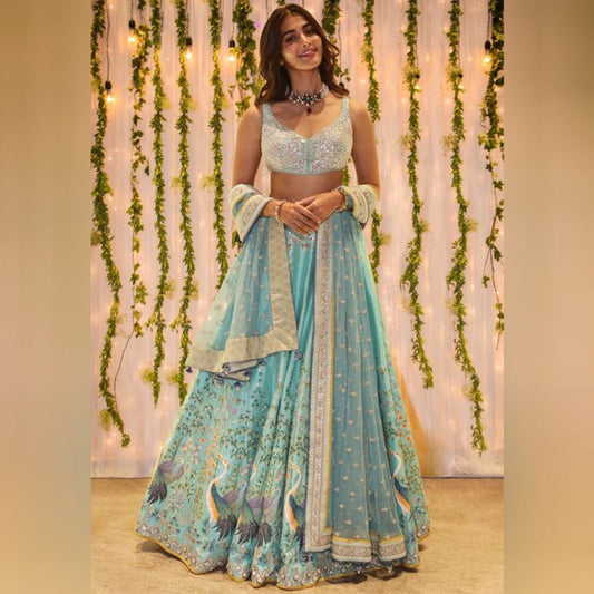 Luxuriant Extra Ordinary Firozi Satin Sky Blue Printed Lehenga Choli