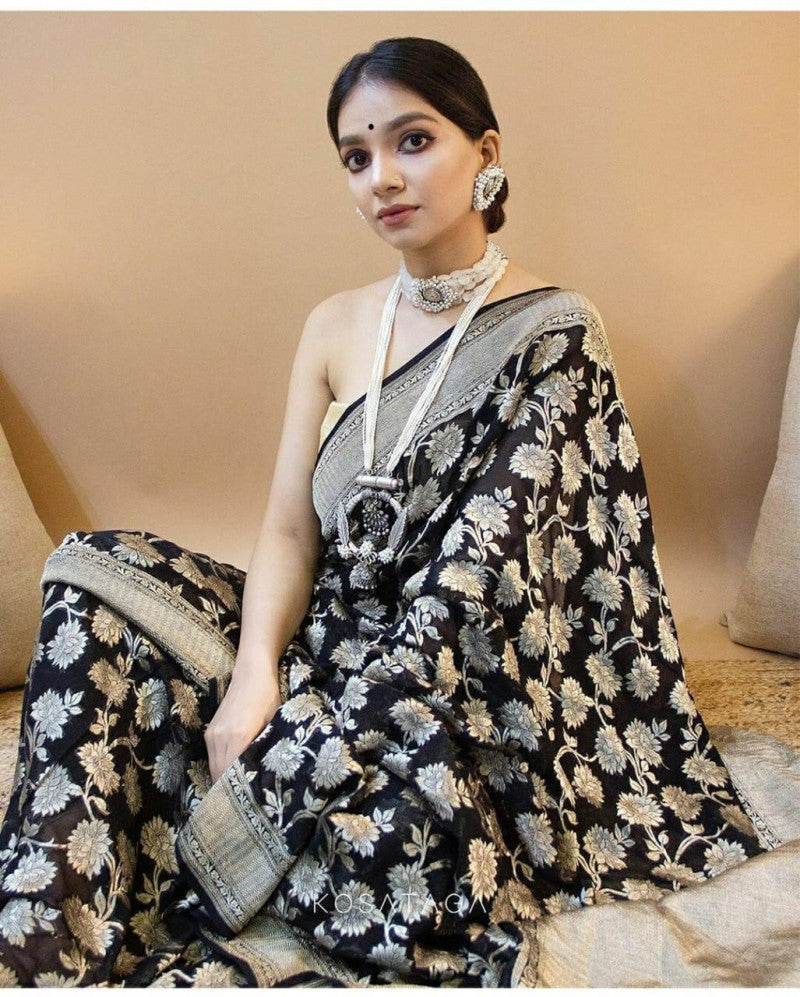 Black Color Heavy Design Work Soft Lichi Silk Saree