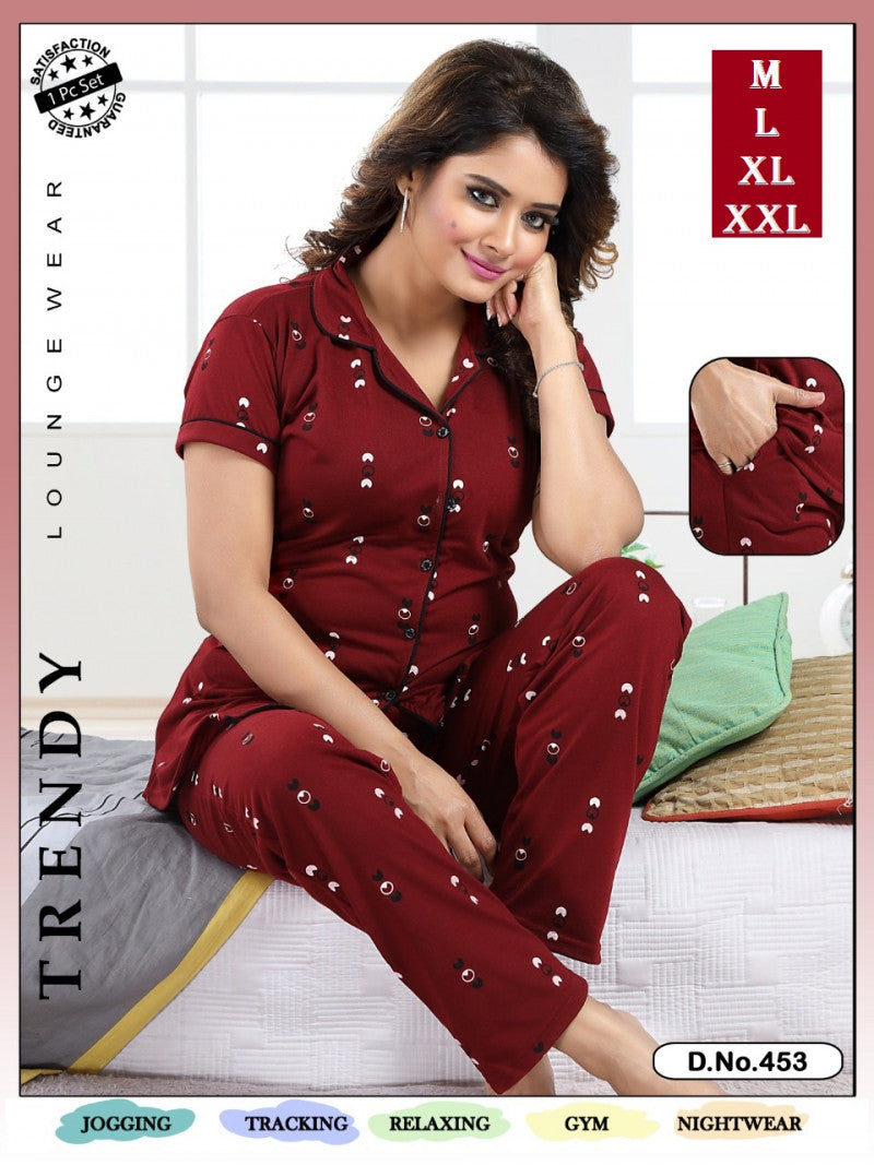 Beautiful Printed Maroon Color Hosiery Shirt & Pyjama Set