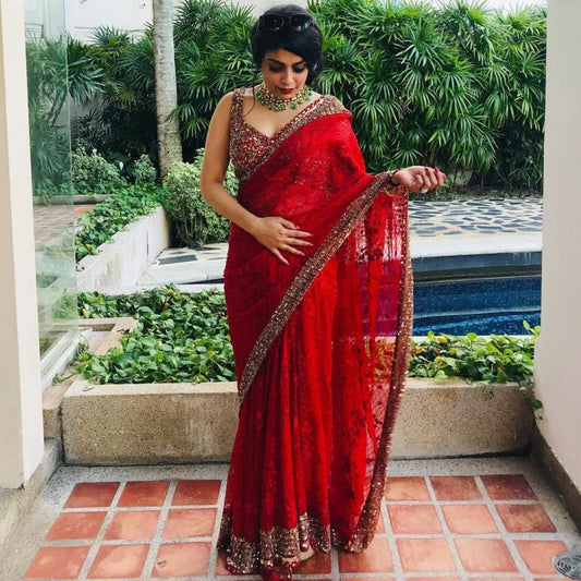 Wedding Wear Red Color Sequence Work Saree