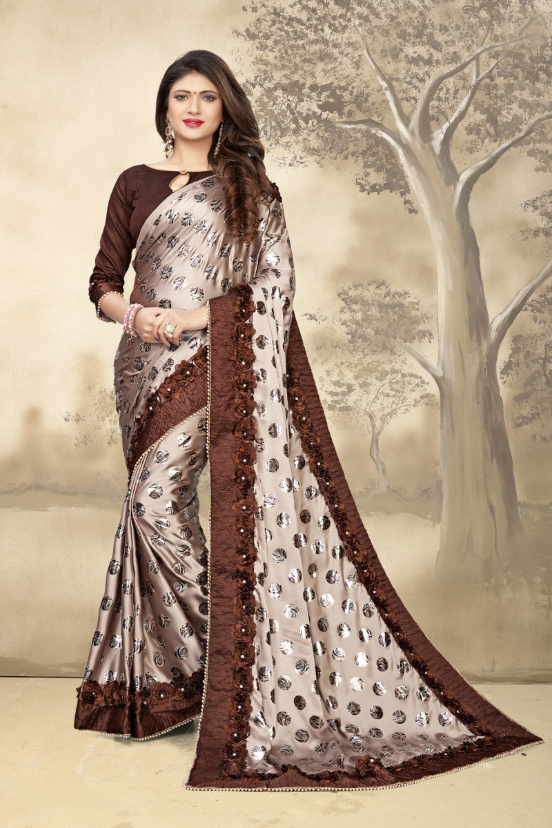 Most Selling Women's Ribbin Gotta Patti With Foil Print Beige Silk  Saree