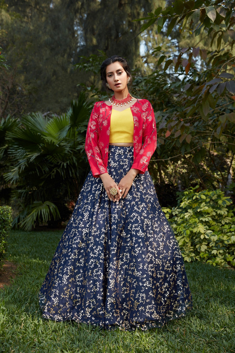 Stylee Lifestyle Navy Blue With Yellow Color Foil Printed Lehenga Choli