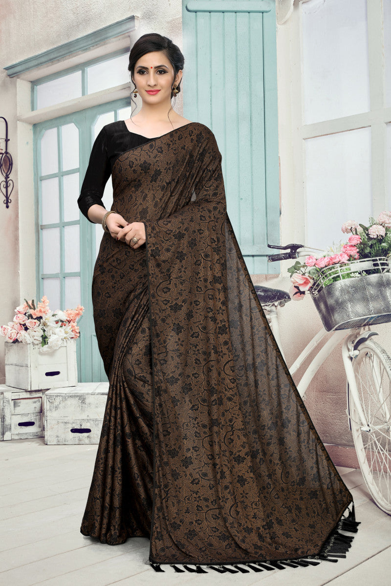 Precious Extra Ordinary Brown Color Lycra Blend Partywear Printed Saree