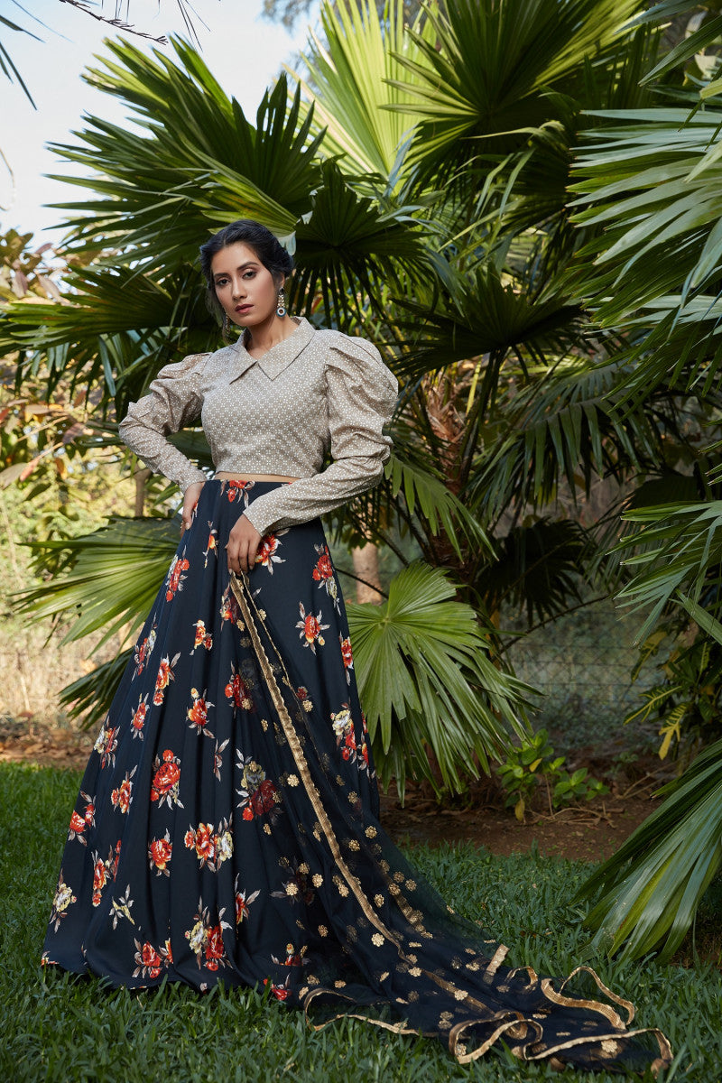 Glorious Black With Dusty Grey Color Printed Lehenga Choli