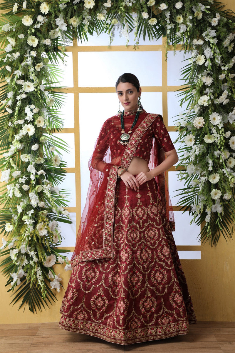 Fabulous Maroon Colour Art Silk Extra Ordinary Lehenga Choli