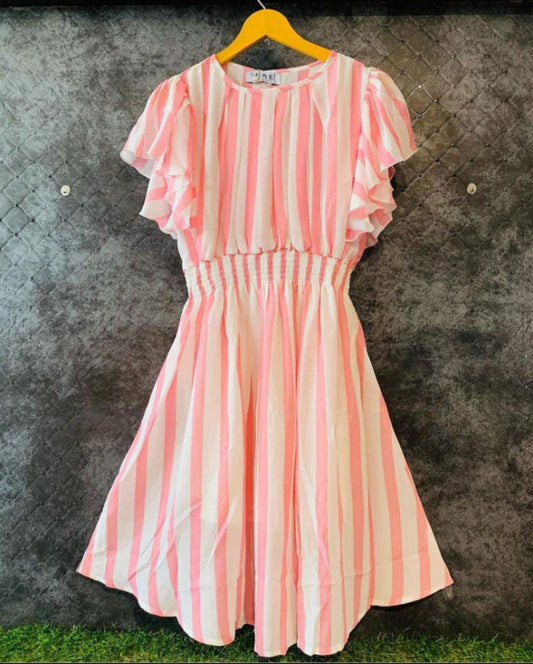 Baby Pink Color Ruffled Flared Sleeve Lining Western Wear Dress