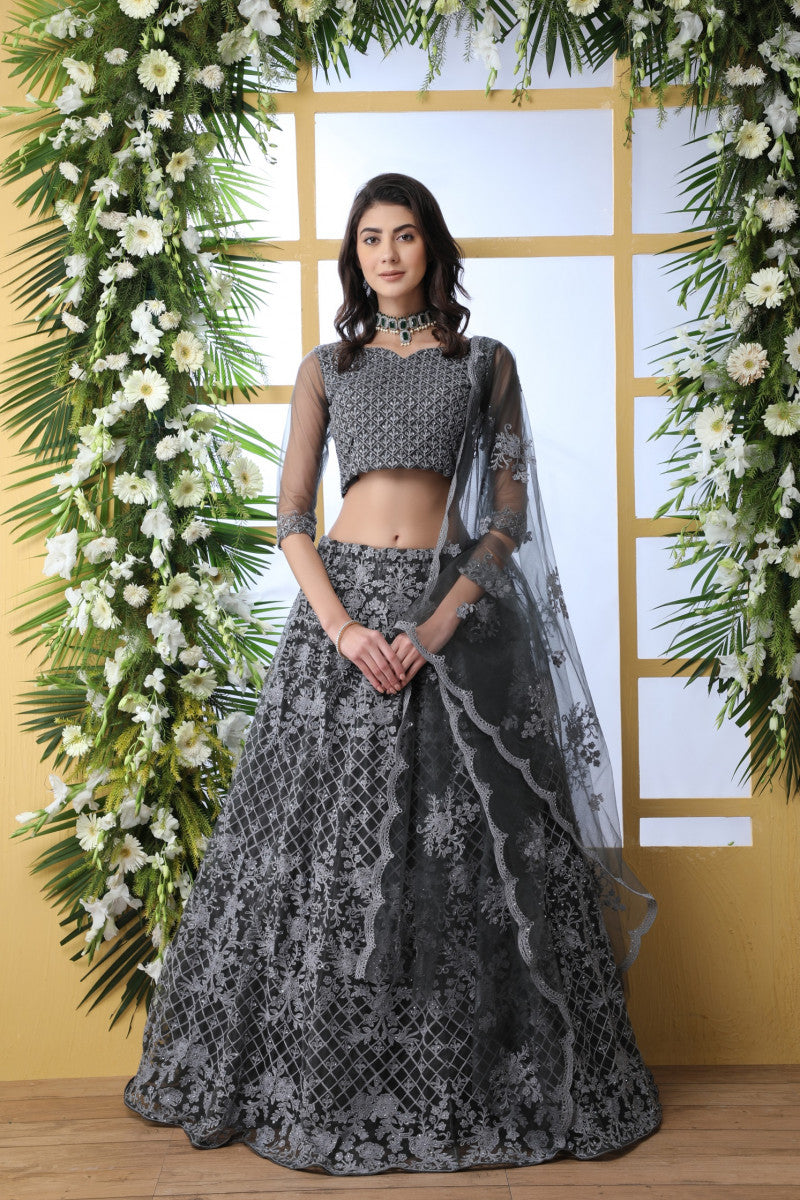 Grey Color Net Embroidery Online Lehenga Choli