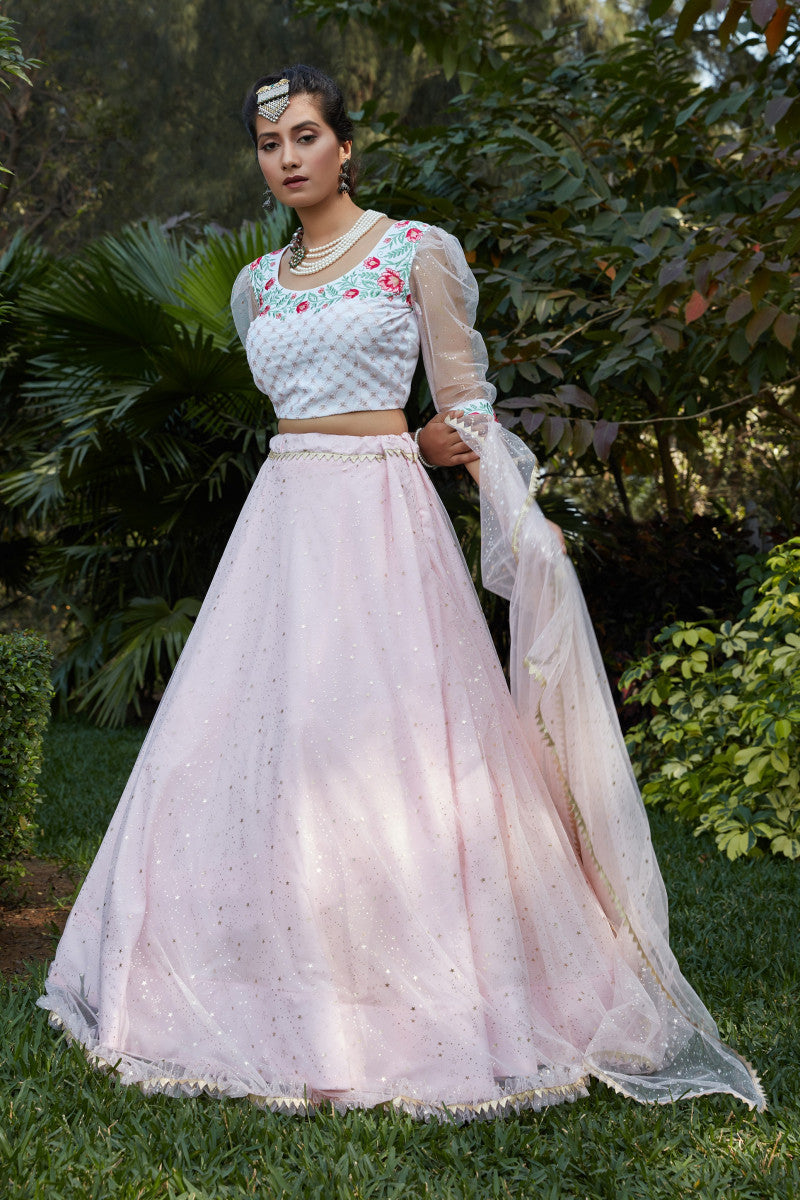 Dashing Pink With White Color Foil Printed Lehenga Choli