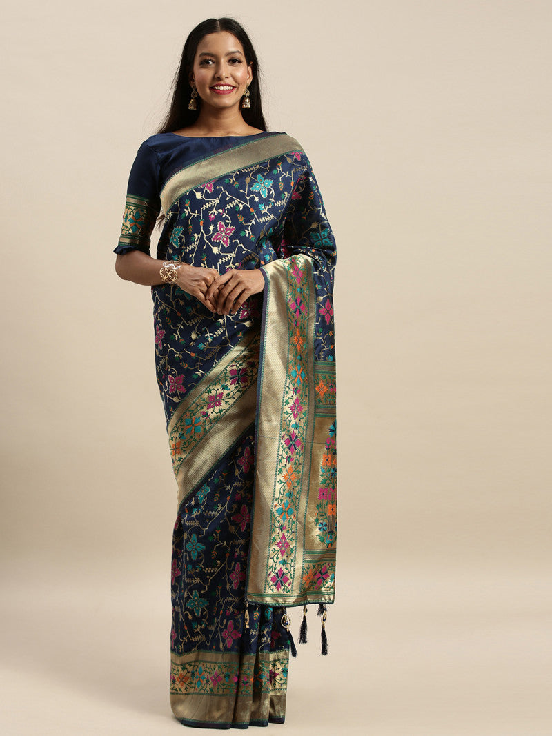 Online Navy Blue Color Banarasi Silk Saree