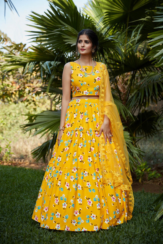 Extra Ordinary Yellow Color Foil Printed Lehenga Choli