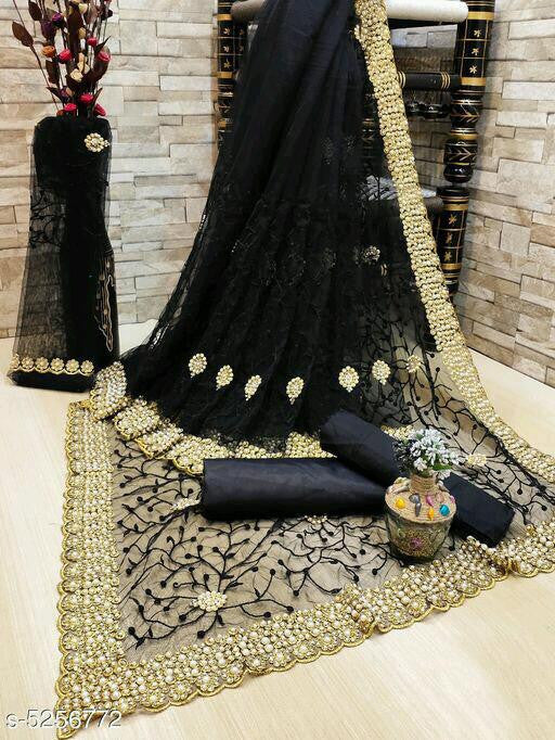 Precious Women's Black Color Heavy Trendy And Jari Work Net Saree