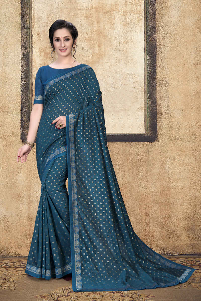 Most Trending Extra Ordinary Foil Print Blue Online Saree