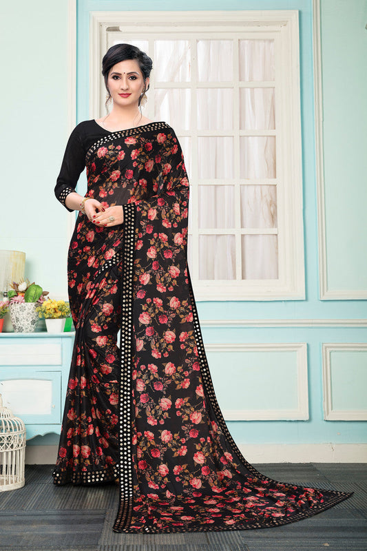 Stunning Pink Rose Printed Black Lycra Online Extra Ordinary Saree