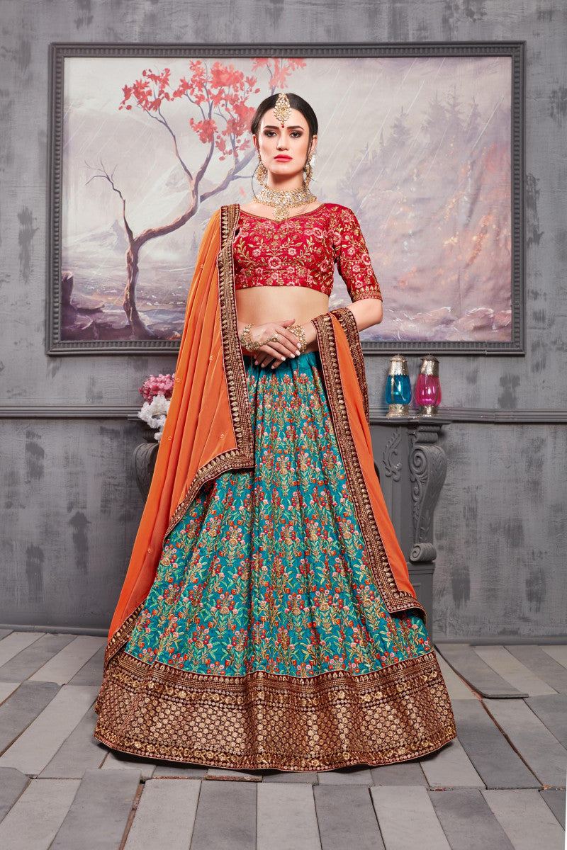 Ocean Blue Banarasi Silk Embroidery Bridal Lehenga Choli