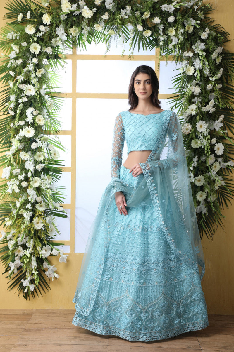 Beautiful Sky Blue Color Net Online Lehenga Choli