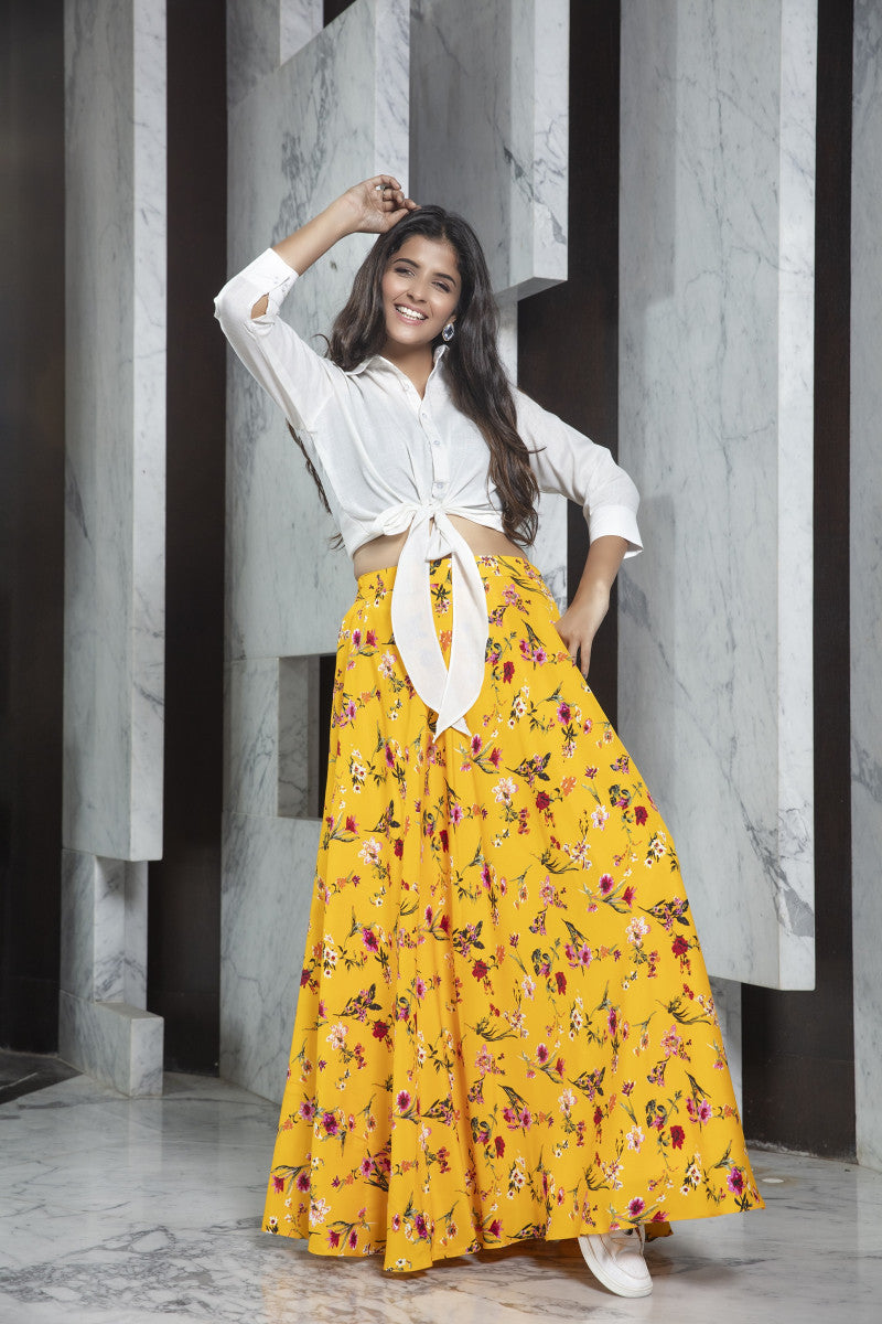 Precious Trending Yellow Color Crepe Printed Online Wear Crop Top Lehenga