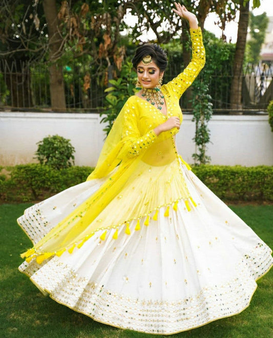 Women's White & Yellow Rayon Heavy Embroidery Work Lehenga Choli