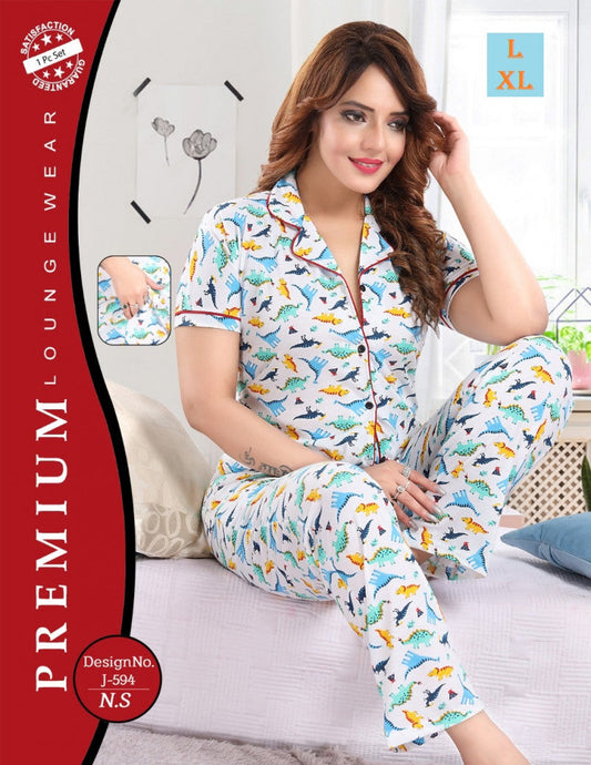 Animals Printed White Color Hosiery Shirt & Pyjama Set