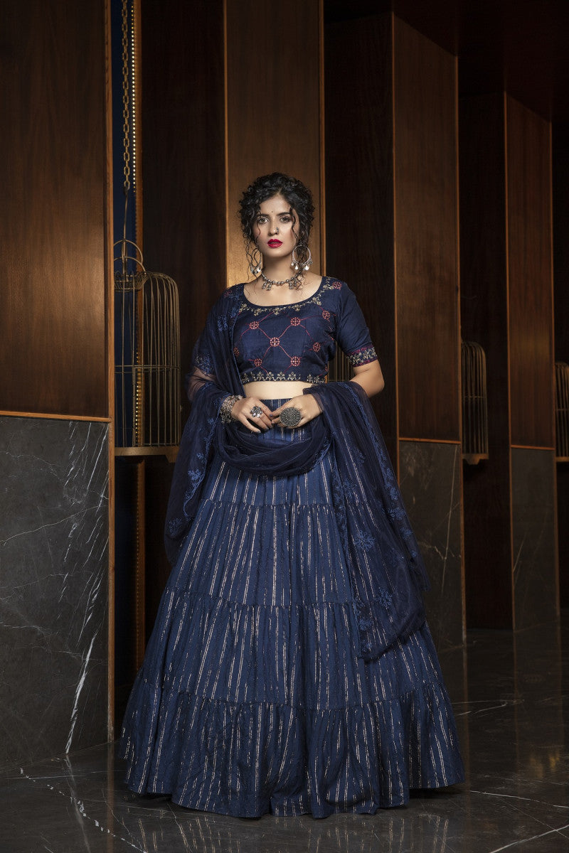 Extra Ordinary Navy Blue Cotton Wedding Lehenga Choli