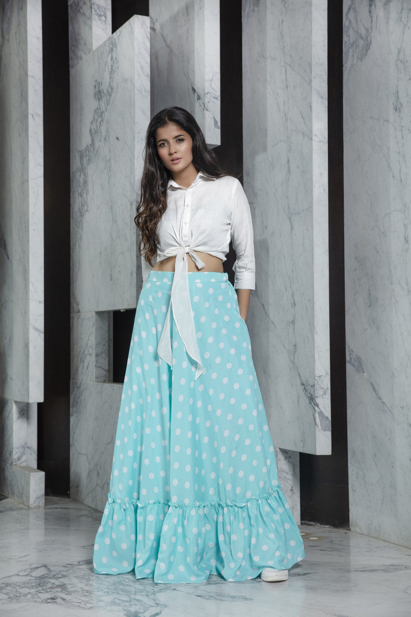 Fabulous White Top With Sky Blue Color Crepe Printed Crop Top Lehenga