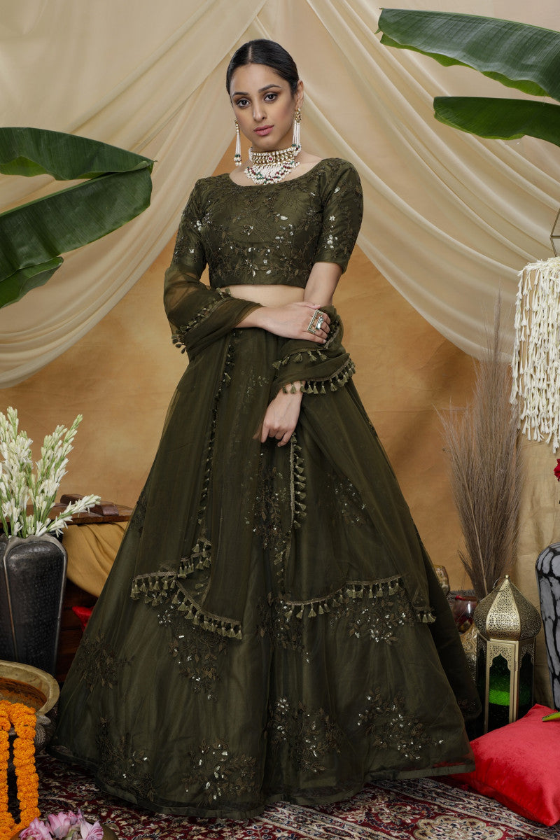 Olive Green Net Sequince Trendy Work Online Lehenga Choli