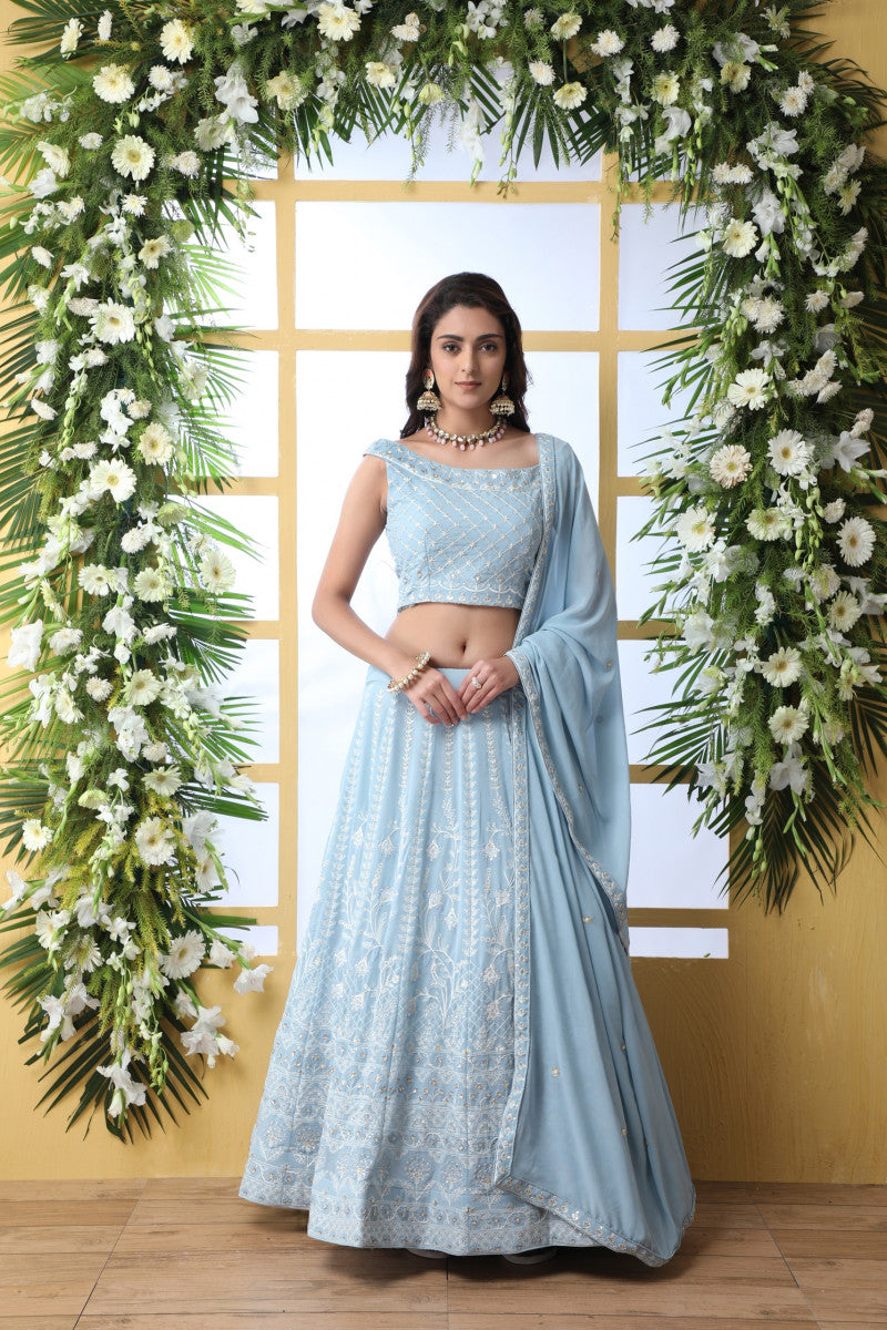 Beautiful Sky Blue Weight Less Embroidery Traditional Lehenga Choli