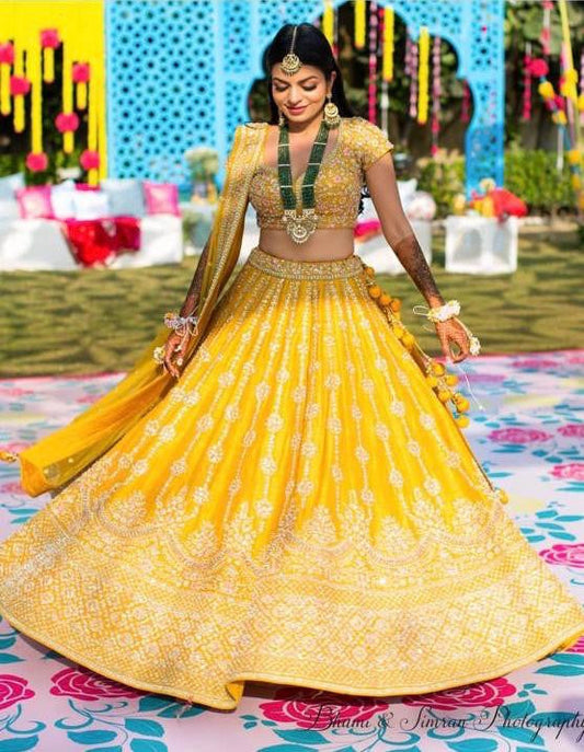 Excellent Yellow Color Taffeta  Silk Wedding Lehenga Choli