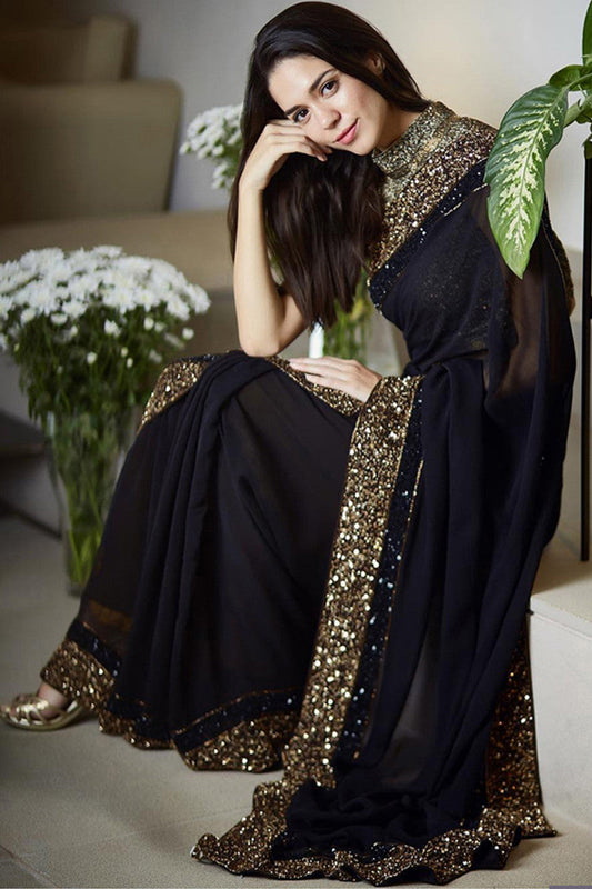 Precious Trending Extra Ordinary Black Color Weight Less Embroidery Work Saree