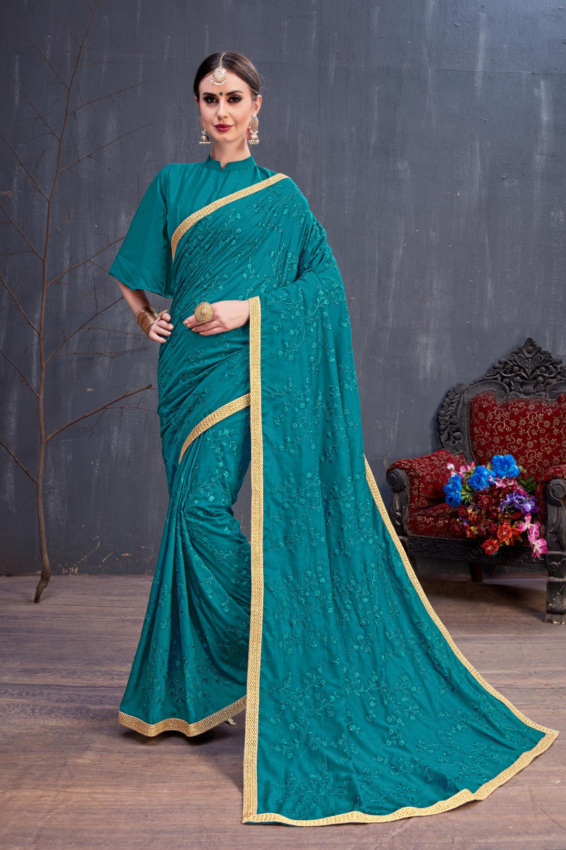 Precious Trending Teal Blue Color Soft Cotton Online Saree