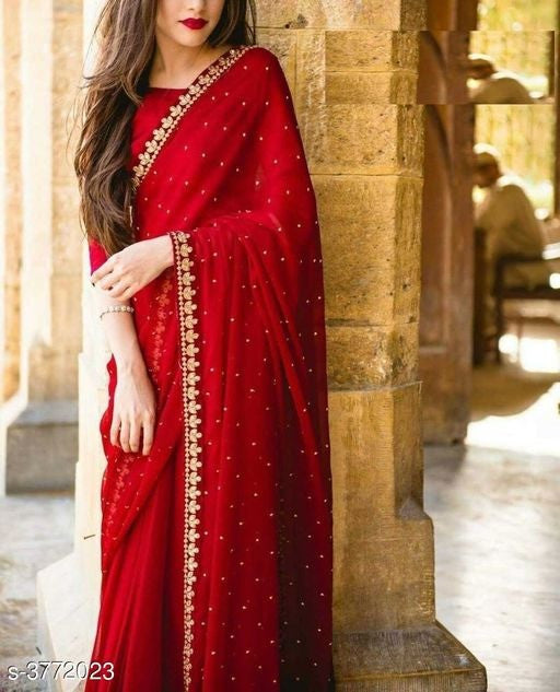 Hot Red Weight Less Embroidery Work Online Sare