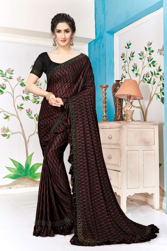 Bewitching Maroon Lycra Blend Diamond Lace Indian Bridal Saree