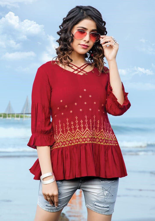 Luxuriant Red Color Trendy Work Western Top