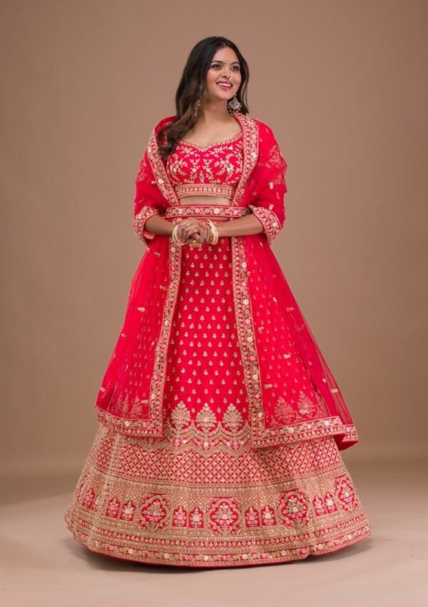 Red Zariwork Raw Silk Readymade Lehenga