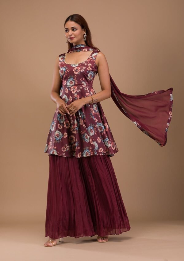 Rust Printed Semi Crepe Readymade Sharara Suit