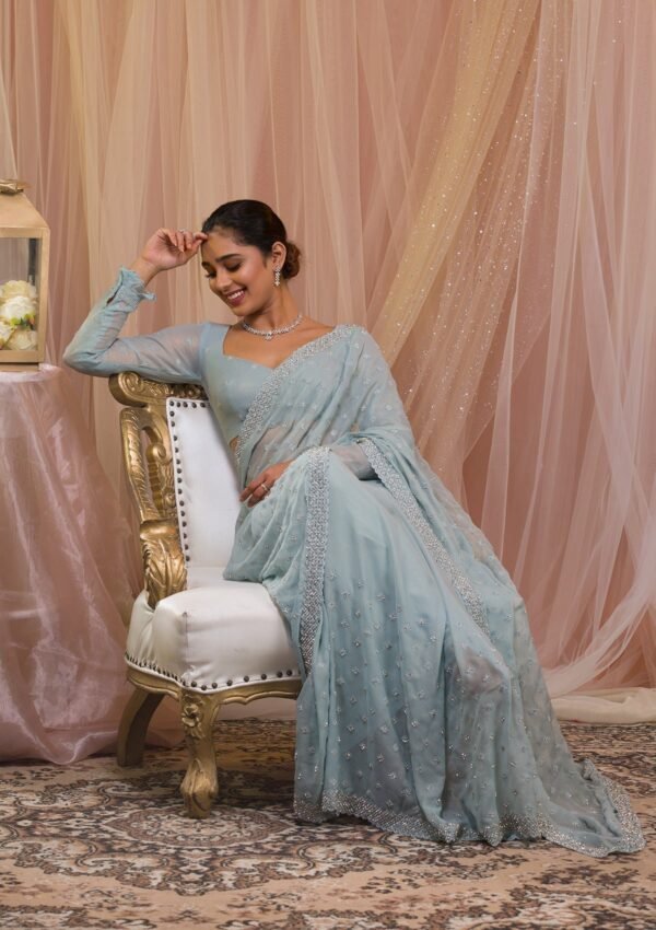 Sky Blue Stonework Georgette Designer Saree