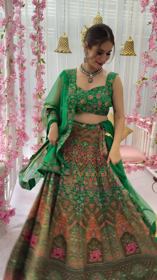 Peacock green silk lehenga set