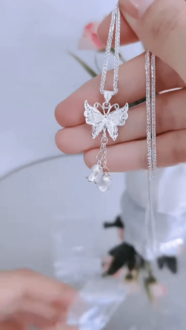 Double Layer Chain Necklace Butterfly Pendant Sterling Silver Zircon Jewelry