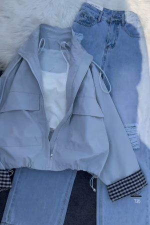 Utility Zip-Up Windbreaker with Straight-Cut Ripped Jeans – Urban Cool Look for Everyday Wear