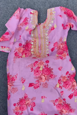 Lavender Floral Printed Kurti with Golden Embroidery – Festive & Ethnic Wear for Women