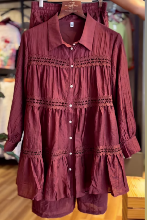 Elegant Maroon Co-ord Set with Delicate Lace Details - Stylish Women's Top and Bottoms