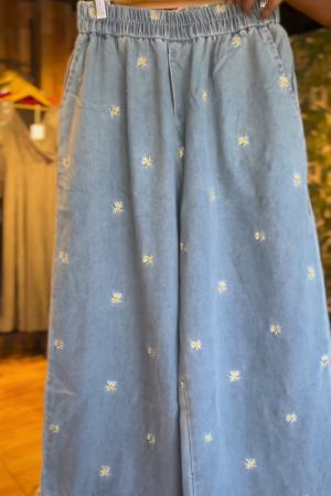 Playful Denim Wide-Leg Trousers with Colorful Flower Appliques & Lace Trim - Women's Unique Bottoms