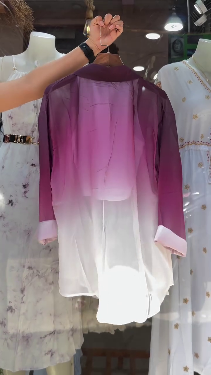 Women’s Gradient Purple-White Button-Up Shirt with Layered Necklace and Crop Top – Trendy Street Style - Image 4