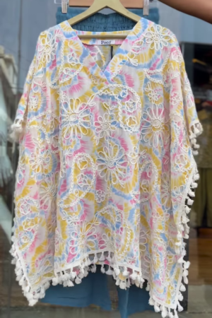 Women’s Pastel Tie-Dye Poncho Top with Lace Embroidery & Tassel Hem – Boho Resort-Ready Fashion