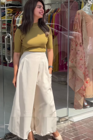 Women’s Mustard Short Sleeve T-Shirt with White Wide-Leg Pants – Minimalist Streetwear Look