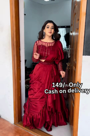 Women’s Red Embroidered Skirt Top Set with Traditional Earrings – Ethnic Doorway Portrait Ensemble