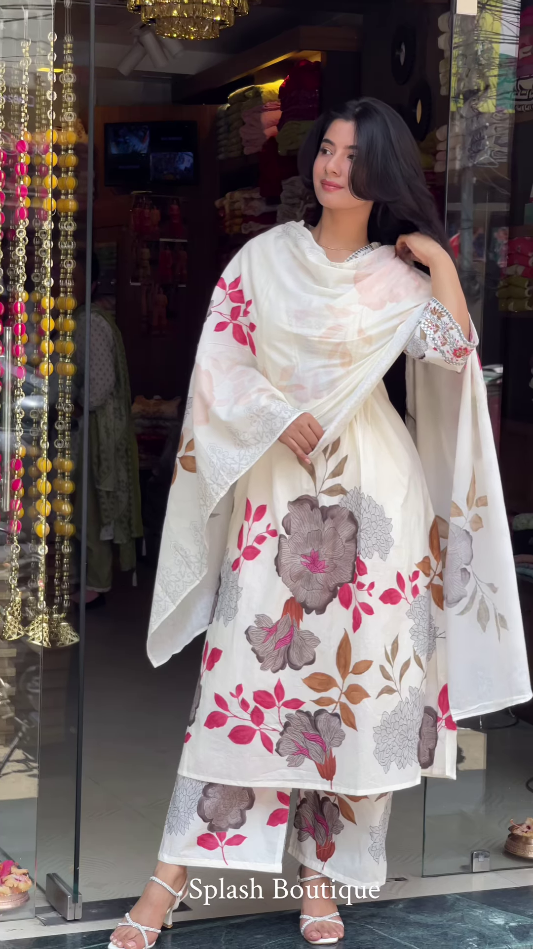 Women’s White Floral Printed Kurta Set with Dupatta – Ethnicwear Storefront Portrait Ensemble - Image 5