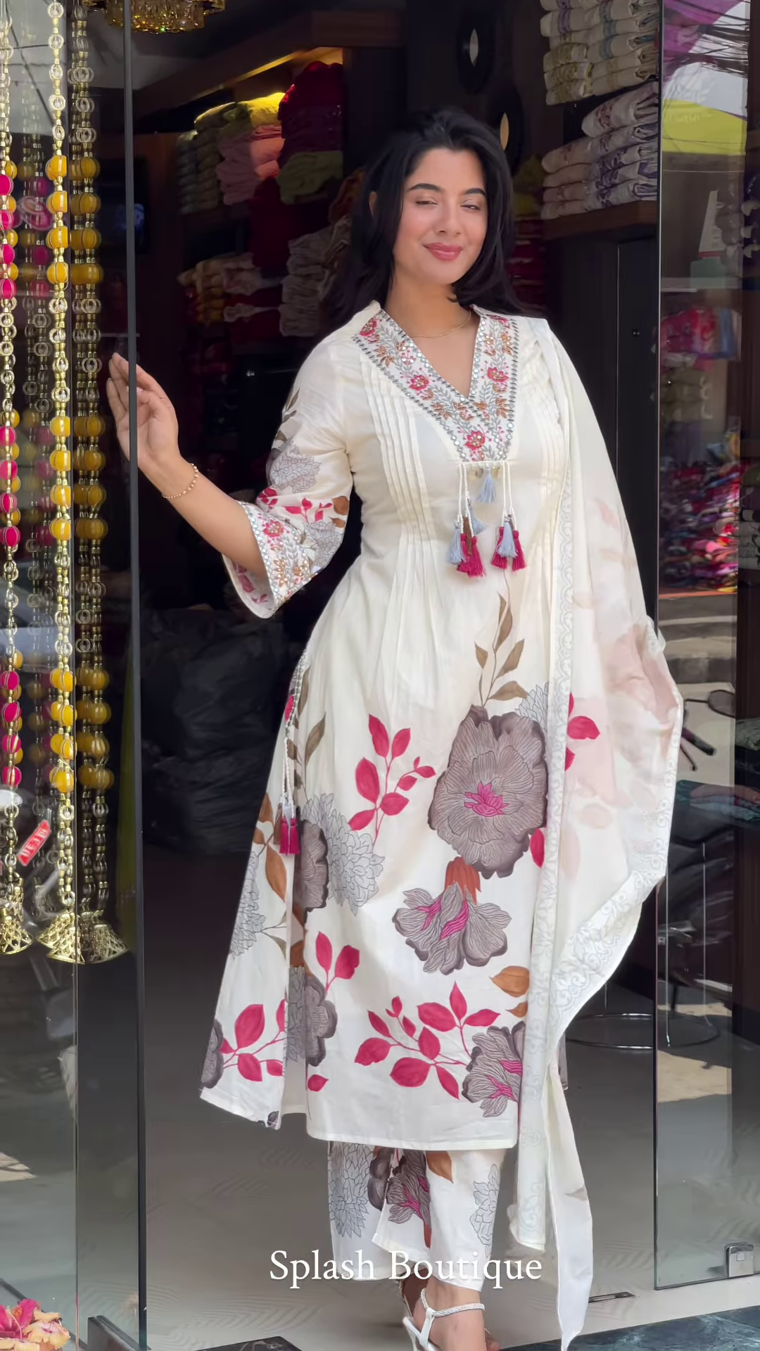 Women’s White Floral Printed Kurta Set with Dupatta – Ethnicwear Storefront Portrait Ensemble - Image 3