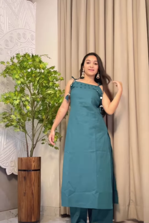 Women’s Teal Sleeveless Kurta Pant Set with Tassel Straps – Elegant Indo-Western Ethnic Ensemble