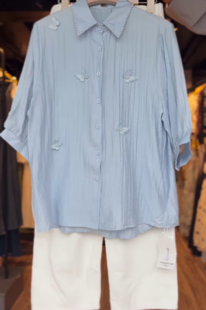 Women’s Pearl-Collar Blue Floral Blouse with White Shorts – Elegant Summer Co-Ord Casualwear